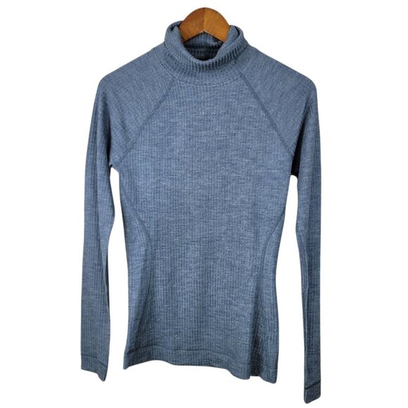 Smartwool Sz Small 100% Merino Wool Thermal Ribbed Turtleneck Top Blue Layering - Picture 1 of 5